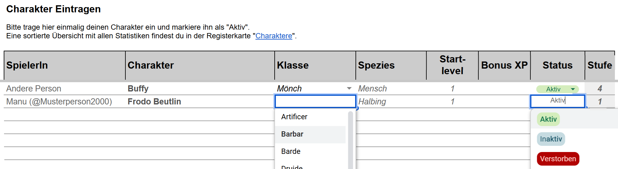 Charakter eintragen